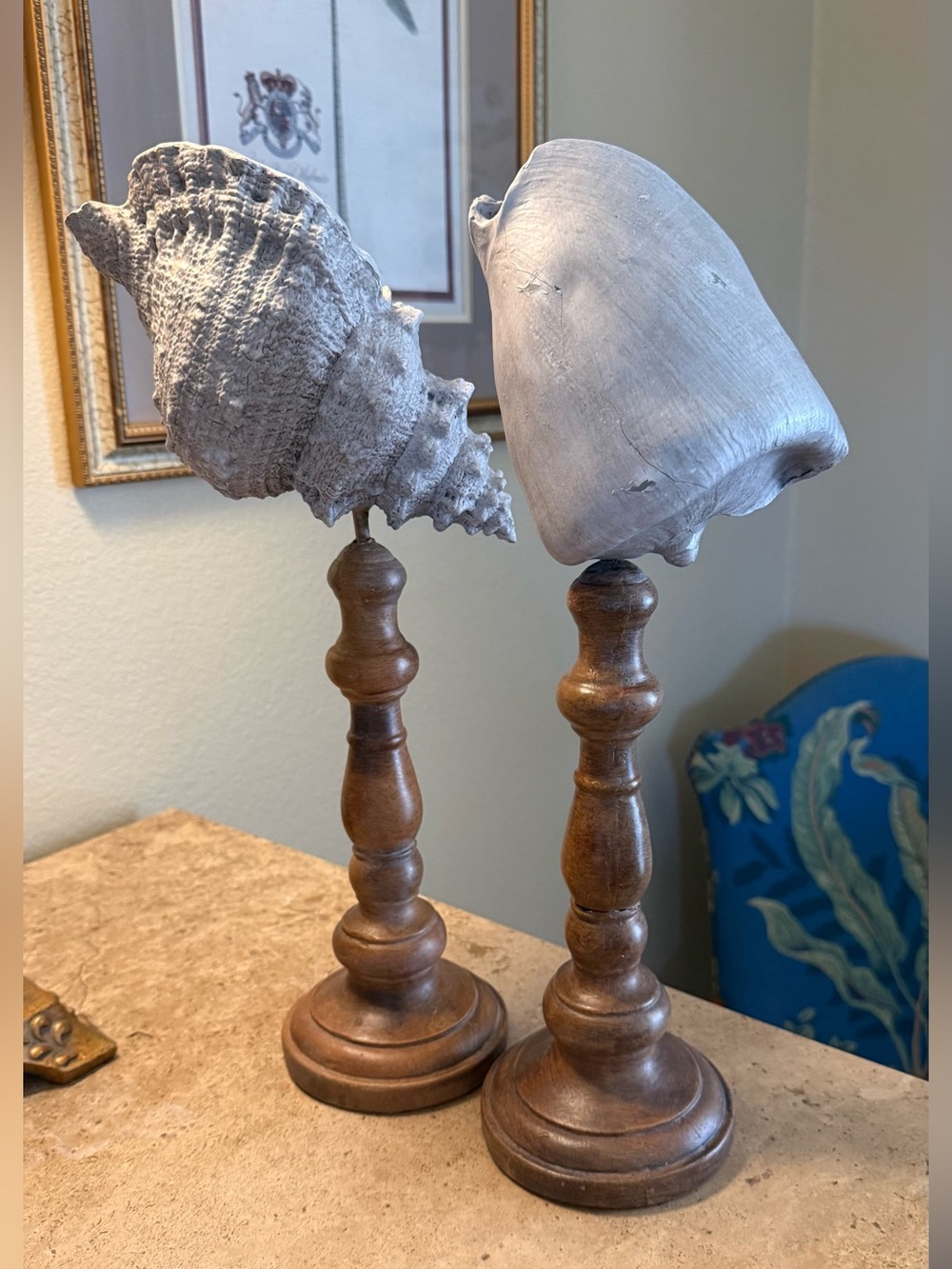 Vintage Seashell Sculpture on Pedestal Stand - Set of 2
